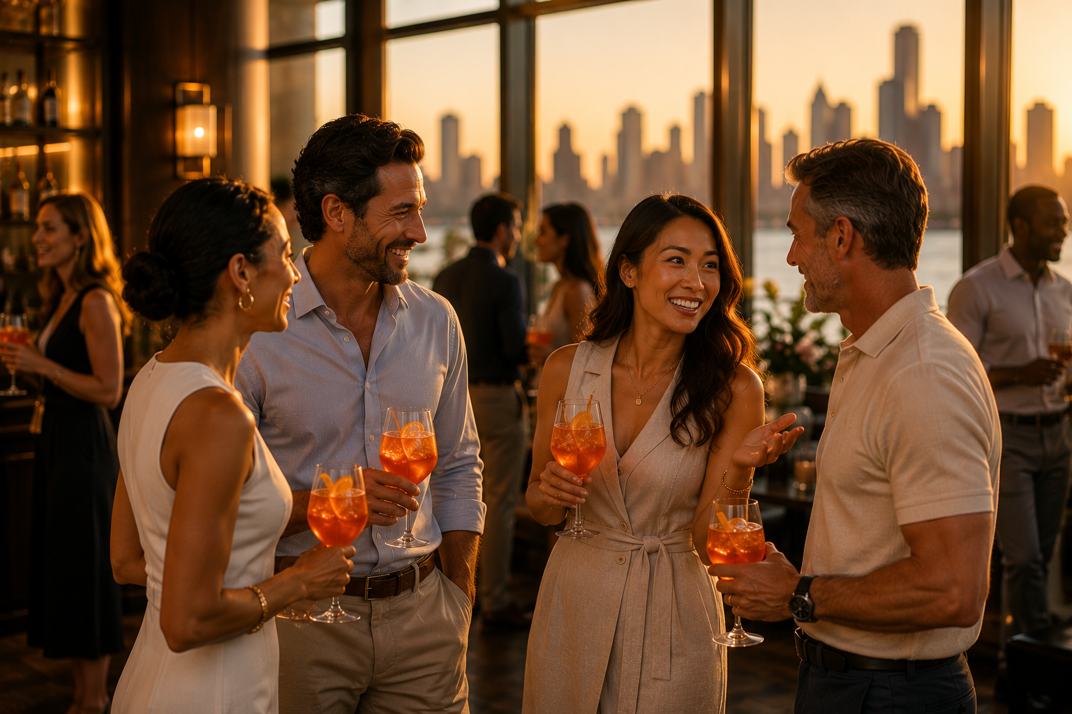 Group of adults talking together with alcoholic drinks